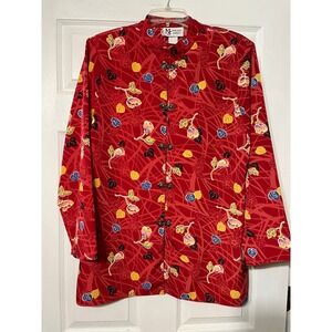 Maggie Sweet‎ Oriental Floral Print Red Tunic Top Blouse Large